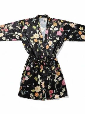 Flora Nikrooz Black Satin Floral Wrap Robe